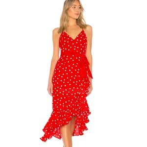 Free People Lovers + Friends BRIDGET Red white Polka Dotted MIDI Dress Size S
